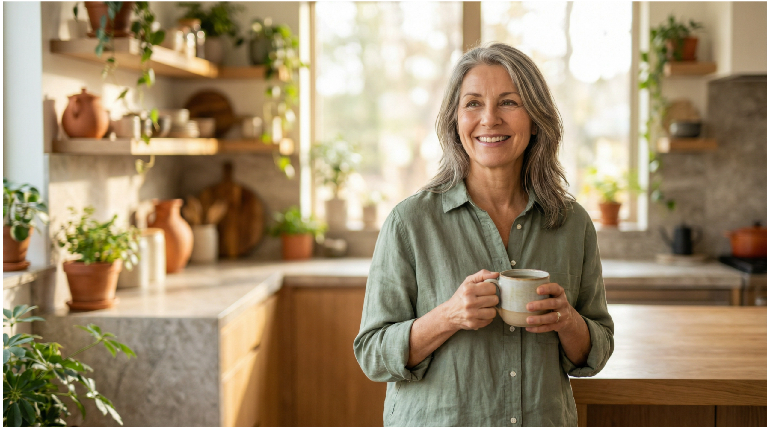 Confident woman in her 50s enjoying coffee